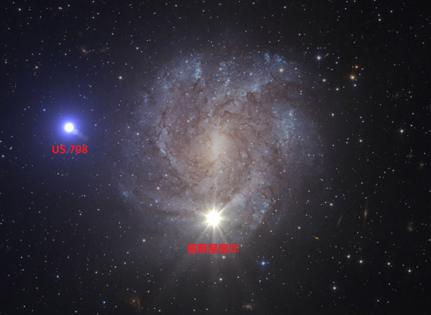 银河系最高速度的恒星US 708（如图）。US 708起源于银盘上的一次Ia型超新星爆炸，在超新星爆炸后，它的残留伴星获得了一个很高速度，然后逃逸到目前的位置。