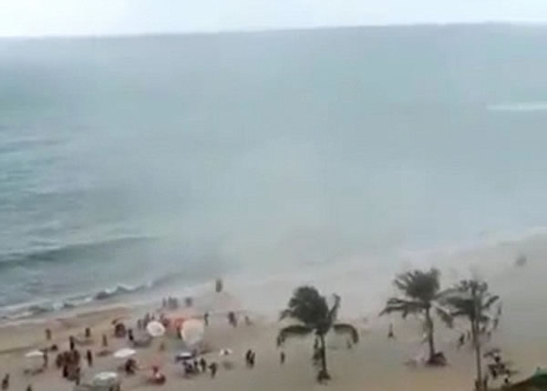 水龙卷威力不容小觑,把树木吹得东歪西倒,泳客争相走避。