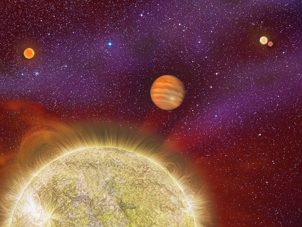 天文学家最近发现白羊座30星系有不止三颗，而是四颗恒星。在这张艺术家绘制的图中，新发现的恒星位于白羊座30行星的左边。 Illustration by Kare