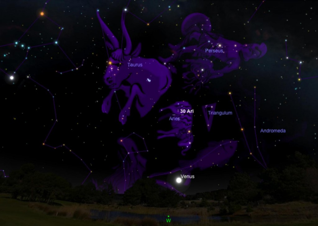 天空图显示白羊座30在白羊座里的位置，本周傍晚时，在西方天空的偏低处可以看见它。金星为附近的标记。 Illustration by A.Fazekas, Sky