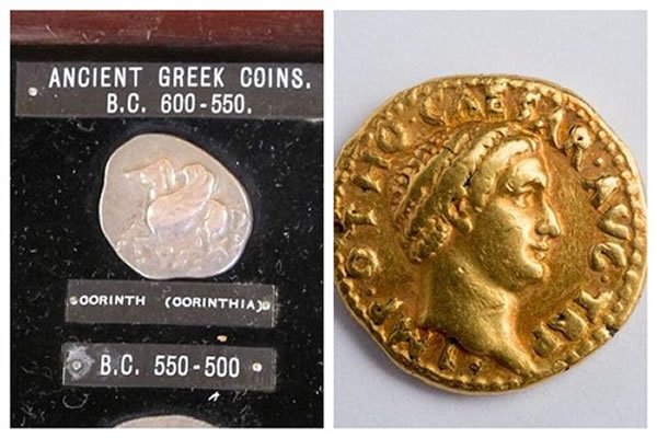 希腊银币(左)与印有凯撒头像的罗马金币(右)。