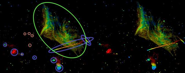 图中所示的为射电望远镜的观测结果,红色的部分为波长较长的射电波,蓝色部分为波长较短的射电波