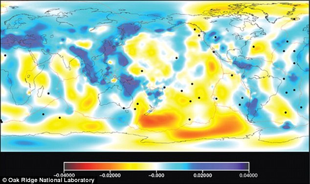 这幅图像展示了深度241英里(约合389公里)的剪波变化。蓝色区域的地震波速度超过平均值,红色区域的地震波速度低于平均值。