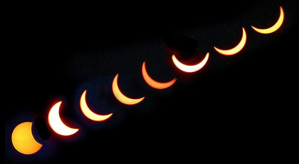 图为英国格洛斯特郡拍摄到的日食系列照片,而英国下次观测到日食要等到2026年。