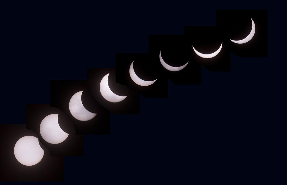 从彭赞斯看到的日食,这组照片间隔5分钟拍摄,可以看到日食的变化。