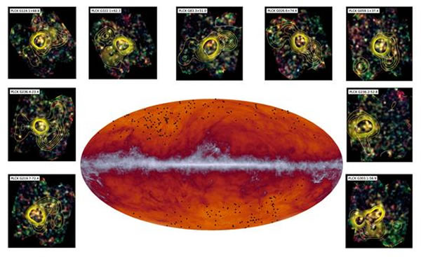普朗克卫星眼中的宇宙。中间的白带是银河,黑点是年轻星系团。周围的插图是星系团的放大图,黄色等高线表示密度。
