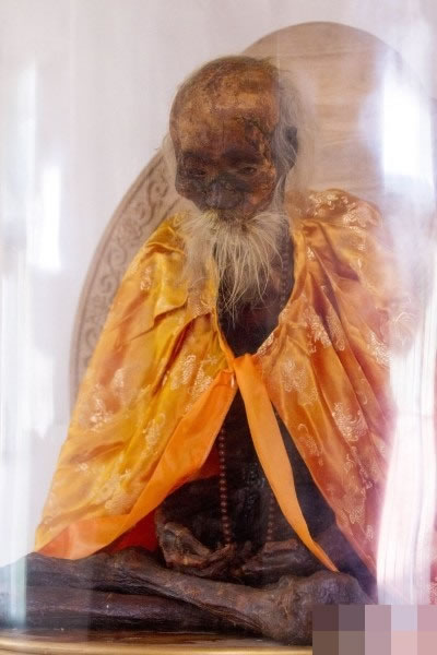 吴云青肉身皮肤油亮,棕中带红,银须白发,五官清晰。