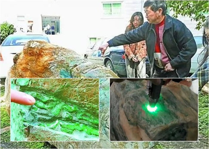 被内地媒体称为“福建厦门同安区村民捞到的巨大翡翠原石”照片,实为09年时,云南一名男子从缅甸买下翡翠原石的照片。