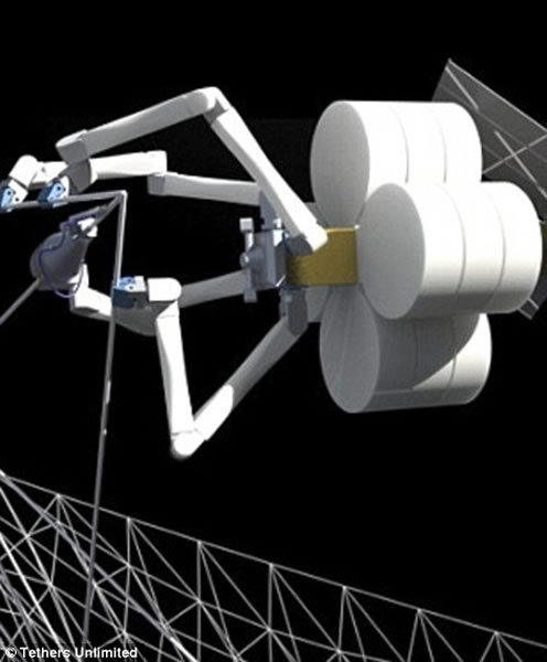 不久前,美国Tether公司公布了一种具有未来派色彩的机器蜘蛛系统,名为“SpiderFab”(左图),可用于在太空建造太阳能电池板、桁架以及飞船的其他组件。右