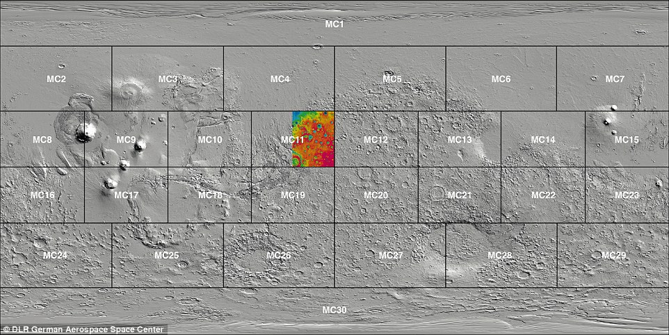 图中显示的是阿瑞斯谷,其中包括彩色“MC-11”区域,其它区域是由德国宇航中心广域地形测量拍摄的,德国宇航中心研究小组希望2018年能够在一张连贯拼接图像中呈现