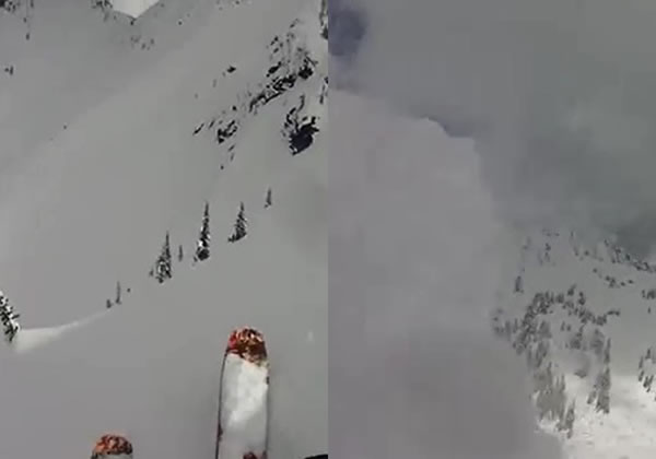 比尔内最初在雪山顶滑下(左图),其后遇上一场小型雪崩。