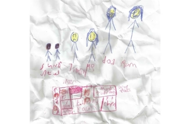 女儿索菲娅绘出的全家福,不但多了两个无脸小孩,而且有一间神秘房。