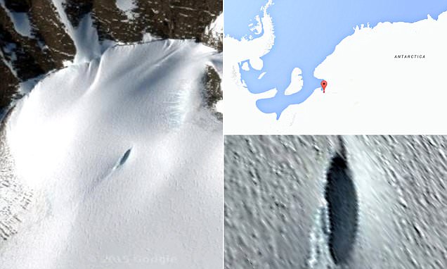 图中标注区域是南极洲发现外星人飞船的具体位置，实际上该照片拍摄于2012年2月15日。