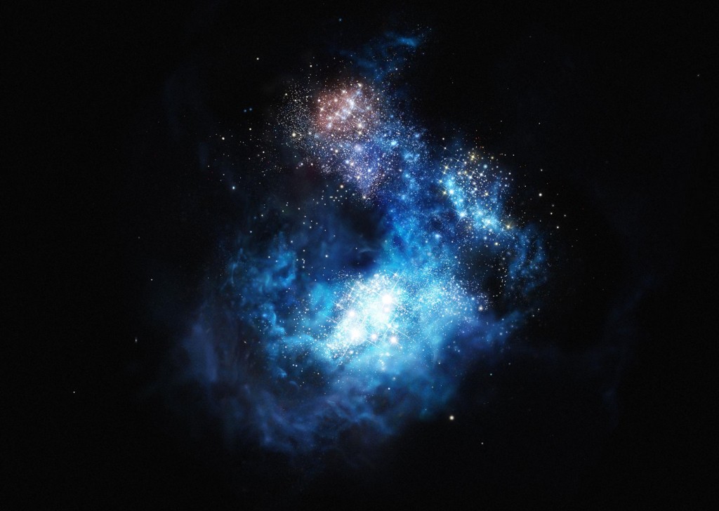 新发现的CR7星系（图为艺术家所绘）是目前所知最明亮的星系，CR7星系可能包含宇宙中最古老的一些恒星。 PHOTOGRAPH BY ESO/M. KORNMES