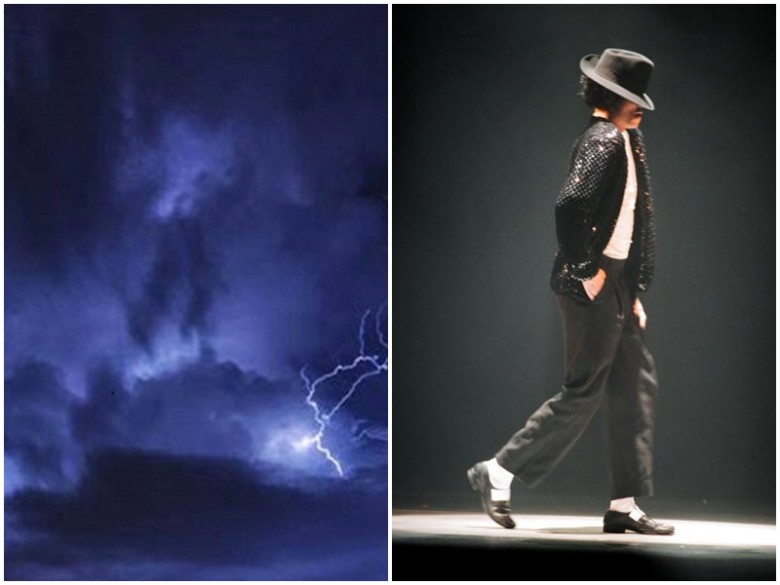 雷雨云中的身影(左图),激似迈克尔杰克逊在空中施展舞技(右图)。