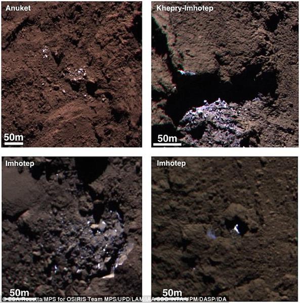 120块明亮物质有些呈现蓝色,比周围的物质要明亮许多,这一发现确认了彗星上富含冰和水成分