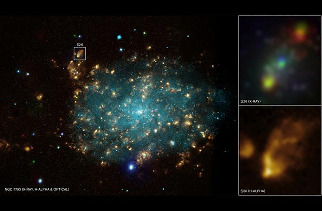 NGC 7793星系的P13黑洞释放出强烈的辐射, 图像下方我们可以看到非常明亮的蓝色光源