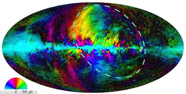图中圆圈部分是银河系“1号环”结构,不同色彩代表着磁场角度,不同亮度代表着信号强度。