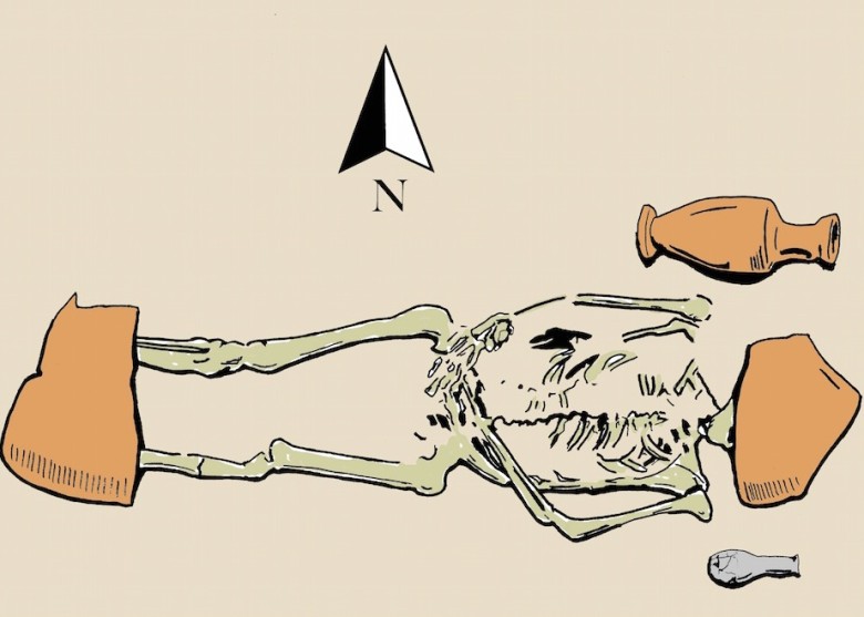 营养不良的病者尸体,头部及双腿被巨型沉重的土罐碎片和大石头压住。