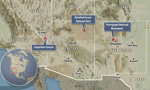 中国古代象形文字出现在新墨西哥州、内华达州和亚利桑那州的岩石上。