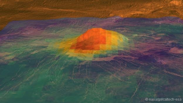 �����¶�ͼ�����Կ������Ǳ���İ���ɽ��Idunn Mons�����¶��ƺ�Ҫ������Χ��������ʾ���ڲ����ڸ����ҽ�