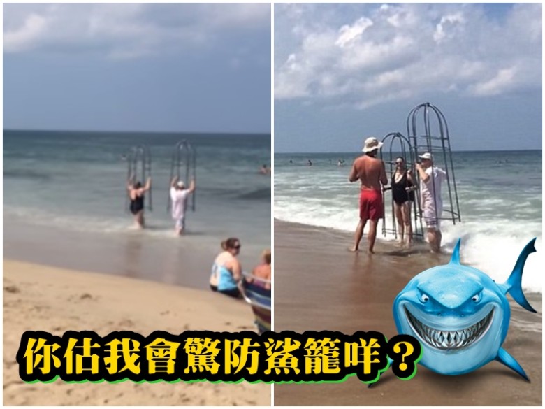 该对惹笑男女罩着防鲨笼下水(左图),但救生员(右图左)上前阻止。
