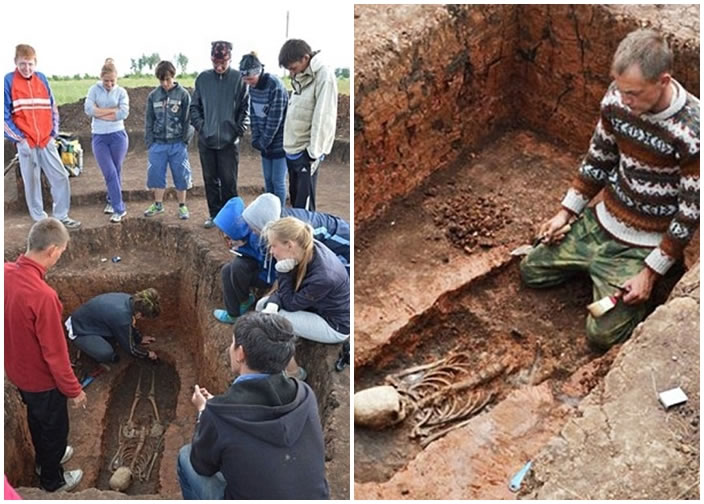 考古学家研究出土骸骨