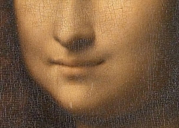 达芬奇借巧妙混色,令人看到画中人的嘴,随不同观看角度改变。