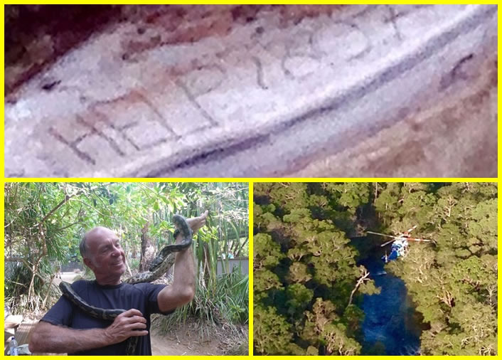 凯伊斯(左下图)在沙滩画上求救大字(上图),2日后终获救。