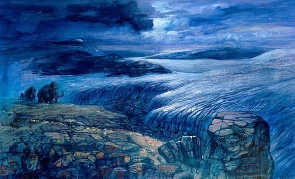 长毛猛犸象置身于更新世冰川的景象