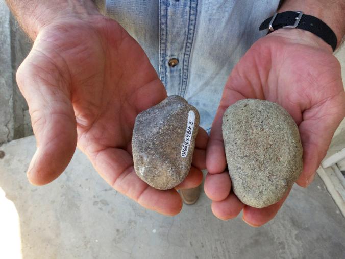 科学家瑞德?菲林展示一些有可能做为投掷武器的石头。 Photograph by Paul Salopek