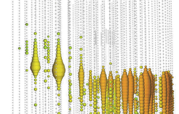 这张插图显示的是IceCube中微子观测站的最新发现。每个空心圆圈表示的是未受撞击的光学模块;填色的圆圈则是受到撞击的模块,半径的大小表示所探测到的光子数量。颜