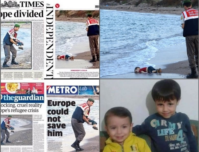 艾兰伏尸沙滩的照片,成为英国传媒的头版。右下为艾兰(黄衣)及他的哥哥。