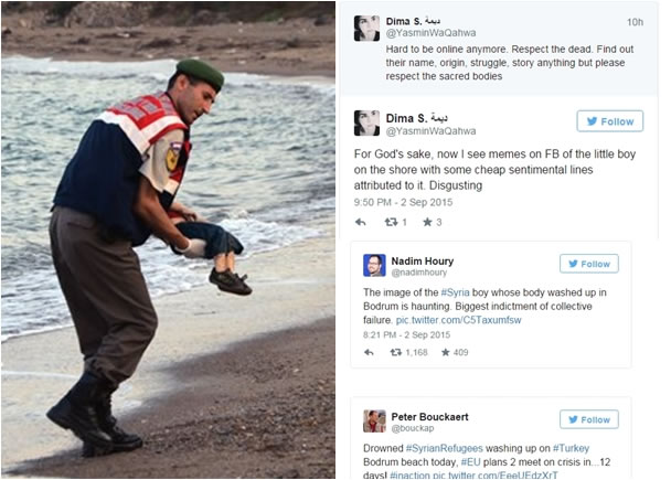 艾兰伏尸沙滩的照片,引起网民(右)热议。图为警员抱走艾兰遗体的一刻。