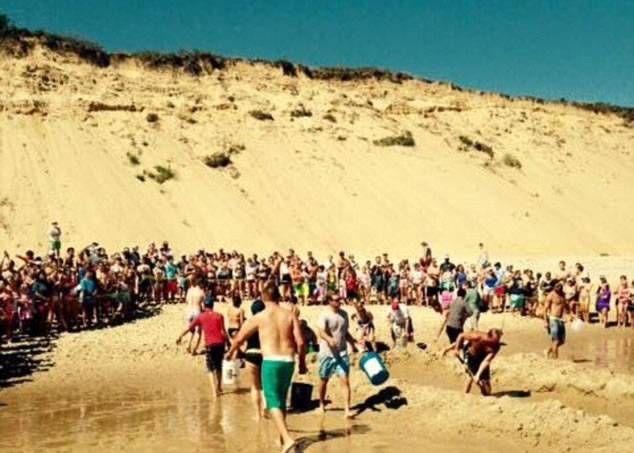 大批游客参与救援,后面有大批民众围观。