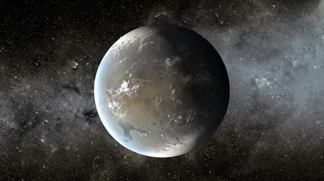 如图所示,这是艺术家描绘的Kepler-62f,它距离地球大约1200光年,很可能是一个“水世界”