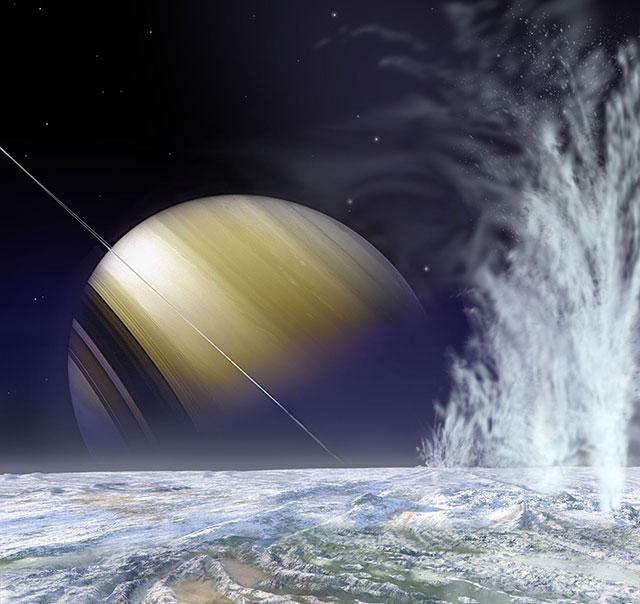 土卫二南极表面艺术效果图,背景是土星与土星环,右侧为不断喷射的热泉,喷出大量水汽和其他挥发物,夹杂类似氯化钠晶体、水冰等固态粒子,喷射量约为每秒200公斤