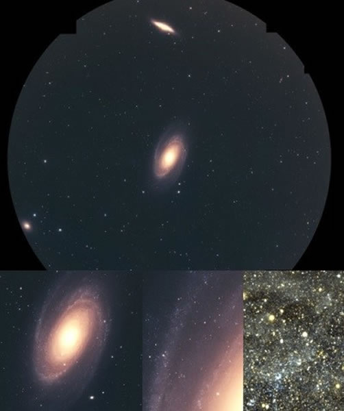 基于HSC观测数据的伪色合成图。上图包括了M81、M82和NGC3077,视场直径为1.5度。左下:M81;中下:M81的旋臂;右下:该研究工作所分析的照片的颜
