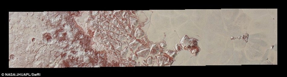 这是“新视野号”在2015年7月14日飞掠冥王星之前,拍摄到的高清照片。从照片上可以看到,这里有陨石坑、山脉断层,以及被称为“史泼尼克平原”的广袤波纹地表。