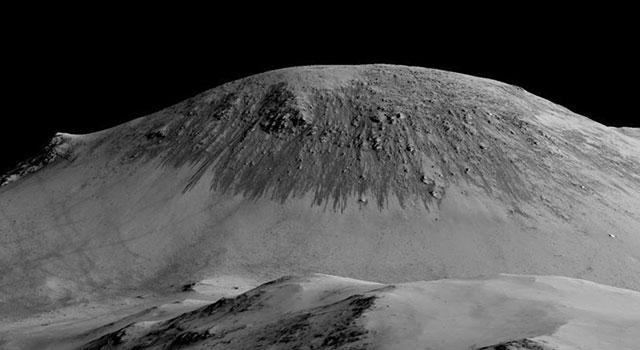 火星勘探轨道飞行器的成像光谱仪确认霍洛维茨陨石坑(Horowitz crater)斜坡上暗色条纹确实包含水分子和盐的晶体结构,证实了这些冲刷条纹是由液态水形成的