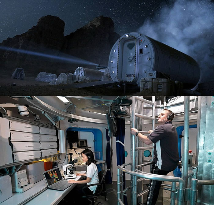 上图是《火星救援》电影中的宇航员居住地,下图则是美国宇航局建造的人类探索研究模拟舱。