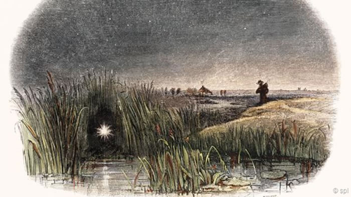 一幅19世纪的雕刻画作,展示了“沼泽鬼火”的景象一幅19世纪的雕刻画作,展示了“沼泽鬼火”的景象