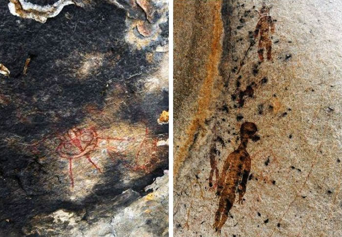 岩画有3条腿和扇形天线的飞碟,以及手持看似武器、没有面部轮廓的人形物体。