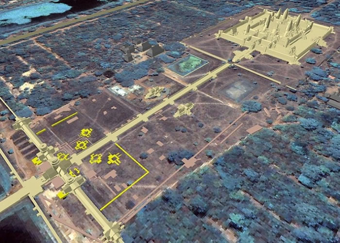 考古学家发现吴哥窟南面埋有多座高塔(左下黄色标示位置)。