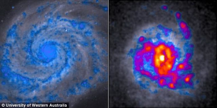 左图是螺旋星系,右图是块状星系,蓝色区域代表较少的恒星形成气体,红黄色区域代表较多的恒星形成气体。目前天文学家认为低旋转速度促使形成密集的块状星系。