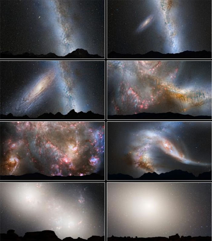 银河系与仙女座星系合并过程,八张图分别代表现在、20、37.5、38.5、39、40、51、70亿年后地球夜空的景象