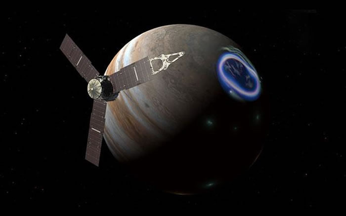 朱诺号观测木星极光效果图,不同于地球极光只在太阳活跃时出现;木星极光是永久性的,而且它的强度每时每刻都在变化。