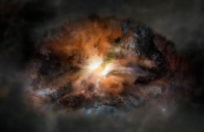 这是艺术家描绘的被灰尘遮蔽的W2246-0526星系