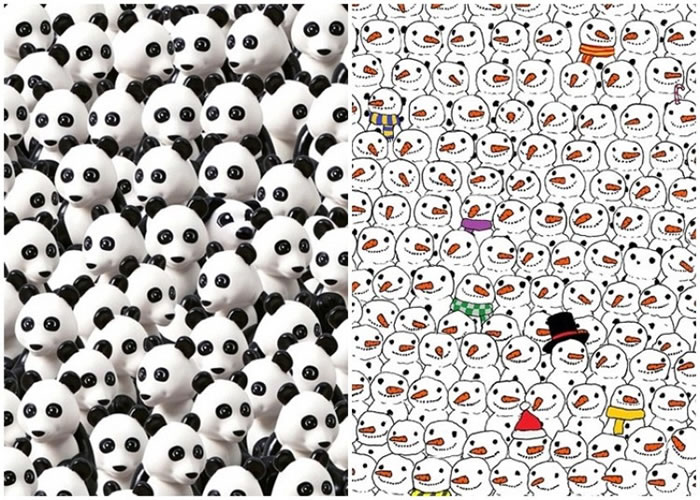 继雪人堆中寻熊猫图(右图)后,Lego日前推出熊猫堆中寻乐高狗的图。