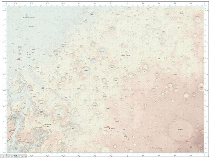 英国地形测量局依据美国太空总署数据资料绘制出第一张火星地图